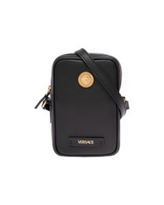 Versace Man's Black Leather Smartphone Case With Metal Logo