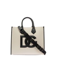 Dolce & Gabbana Man's Black And White Cotton Shopper Bag With Embossed Logo