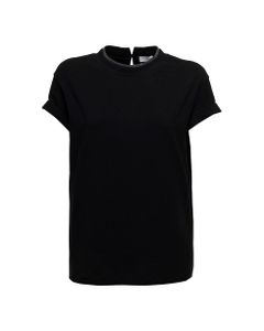 Brunello Cucinelli Woman's Black Cotton T-shirt With Monile Crew Neck