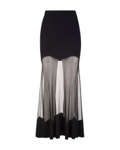Woman Long Black Knit Skirt With Tulle Insert