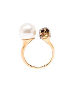 Alexander Mcqueen Woman Golden Brass Ring With Pearl And Skull