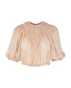Light Pink Wool Gauze Crop Top With Curled V-neck Bib