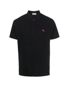 Man Short Sleeve Polo Shirt In Black Piquet With Fuchsia Pegasus Embroidery