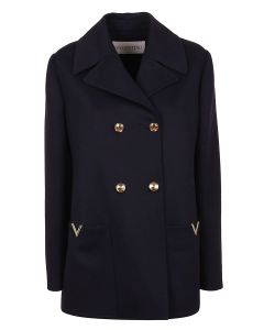 Valentino Logo Plaque Double-Breasted Long-Sleeved Peacoat