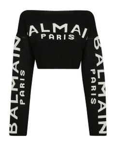 Wide Neck Logo Print Cropped Sweater