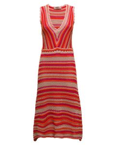 TWINSET Striped Crochet V-Neck Midi Dress