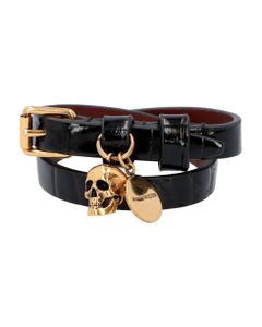 Leather Bracelet With Metal Logo Pendant And Skull