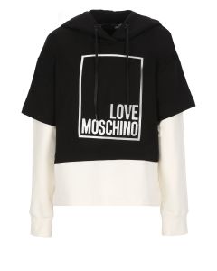 Love Moschino Logo Printed Layered Drawstring Hoodie