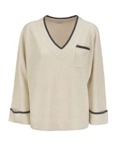 English Rib Cashmere Sweater With Contrasting Edging And 'shiny Pocket'