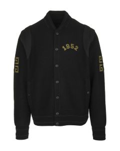 Man Black Bomber Jacket In Wool With Contrast Patches