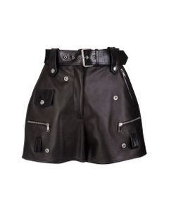 Woman Black Leather Shorts With Belt And Studs