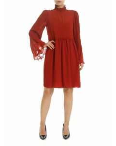 Earthy Red georgette dress with gathered coll