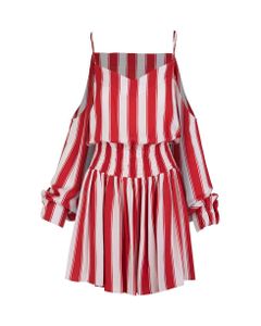 Short Dress With Off Shoulders In Viscose With White And Red Stripes