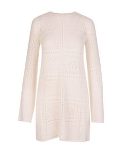 Short Dress In Cloudy White Silk, Wool And Cashmere With Embroidery