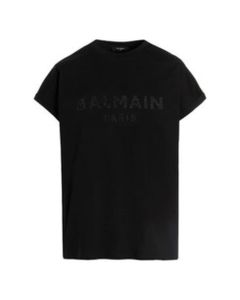 Balmain Woman's Black Cotton T-shirt With Studded Logo