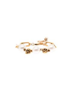 Alexander Mcqueen Woman Chain Golden Brass Bracelet With Skull And Pearls