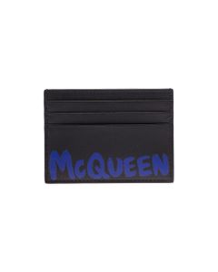 Black Leather Card Holder With Logo Print Alexander Mcqueen Man
