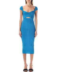 Self-Portrait Ribbed Knitted Crossover Bust Midi Dress