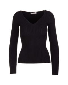 Woman Black Ribbed Knit Pullover With V-neck