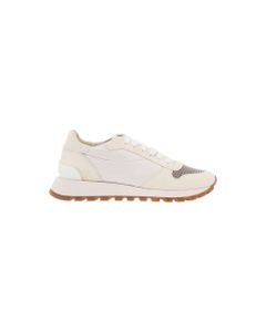 Brunello Cucinelli Woman's Runner White Leather Sneakers With Monile Insert