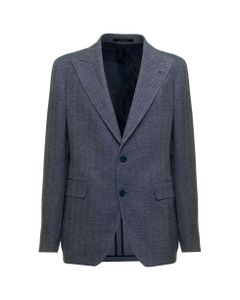 Tagliatore Man's Cotton And Linen Herringbone Blue Single-breasted Jacket