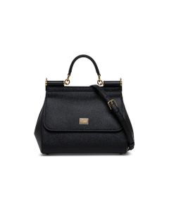 Dolce & Gabbana Woman's Sicily Medium Black Hammered Leather Handbag With Logo