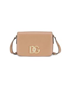 Beige Leather Crossbody Bag With Logo Plaque