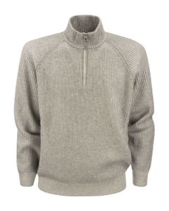 Ribbed Cashmere Sweater With Zip Opening And Raglan Sleeve