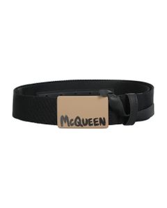 Black Webbing Belt Finished With A Mcqueen Graffiti Military Buckle.