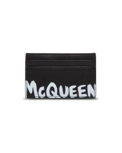 Alexander Mcqueen Man's Black Leather Card Holder With Logo Print
