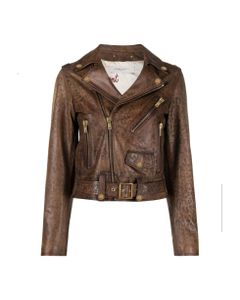 Golden W`s Biker Jacket Faded Leopard Print Distressed Leather
