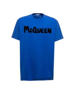 Blue Cotton T-shirt With Logo Print Alexander Mcqueen Man