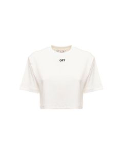 Off White Woman's White Cropped Cotton T-shirt With Logo Print