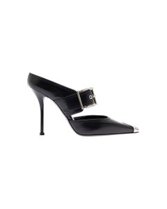Alexander Mcqueen Woman's Black Patent Leather Mules With Metal Toe And Buckle
