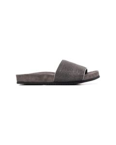 Grey Suede Slide Sandals With Monile Detail Brunello Cucinelli Woman