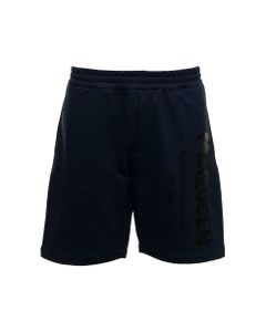 Alexander Mcqueen Man'sm Blue Cotton Bermuda Shorts With Logo Print
