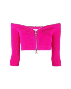 Woman Fuchsia Crop Top With Zip And Off Shoulders
