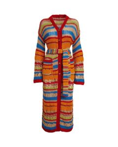 Woman Long Multicolored Cardigan With Belt And Pegasus Buttons
