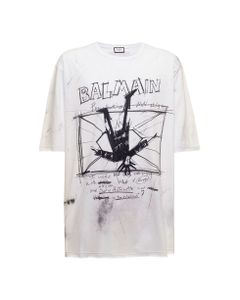 Balmain Man's White Cotton T-shirt With Drawing Print