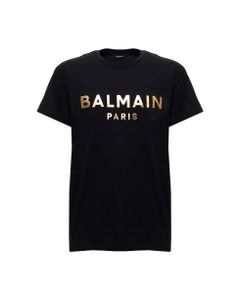 Balmain Man's Black Cotton T-shirt With Metallic Logo Print