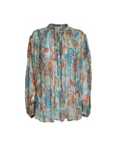 Light Blue Silk Crepon Blouse With Flowers