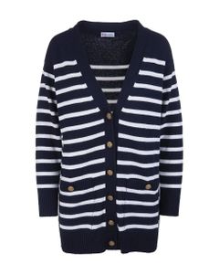 Woman Maxi Cardigan In Striped White And Navy Blue Wool Blend