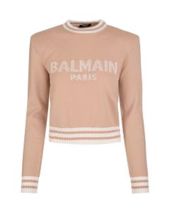 Woman Short Sand Sweater In Wool Blend With White Logo