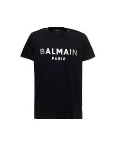 Balmain Man's Black Cotton T-shirt With Laminated Logo Print