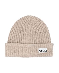 Ganni Logo Patch Rib-Knit Beanie