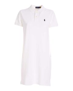 Blue logo embroidery dress in white