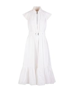 Woman Midi Dress In White Cotton With Zip And Belt